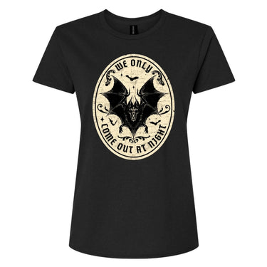 Black t-shirt with a bat design and text on a white background